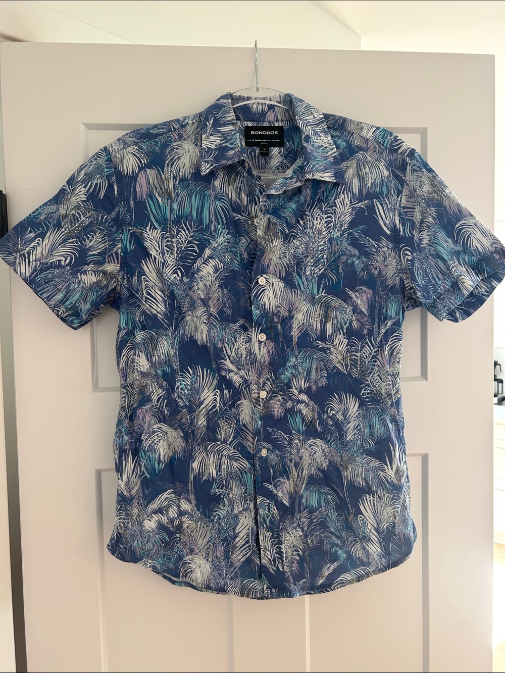 Bonobos Navy Blue Tropical Print Short-Sleeve Button-Down Shirt Slim Fit